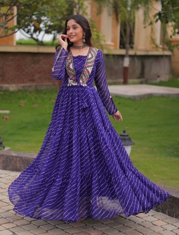 Blue Pure Georgette Lahariya Print with Kutchi Patchwork Anarkali Long Gown
