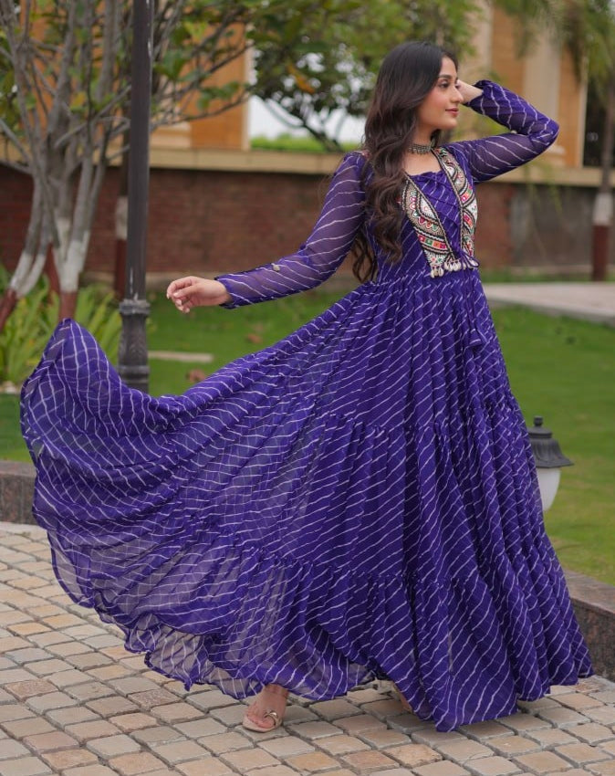 Blue Pure Georgette Lahariya Print with Kutchi Patchwork Anarkali Long Gown