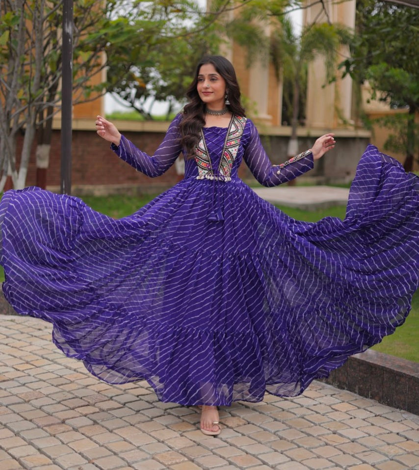 Blue Pure Georgette Lahariya Print with Kutchi Patchwork Anarkali Long Gown