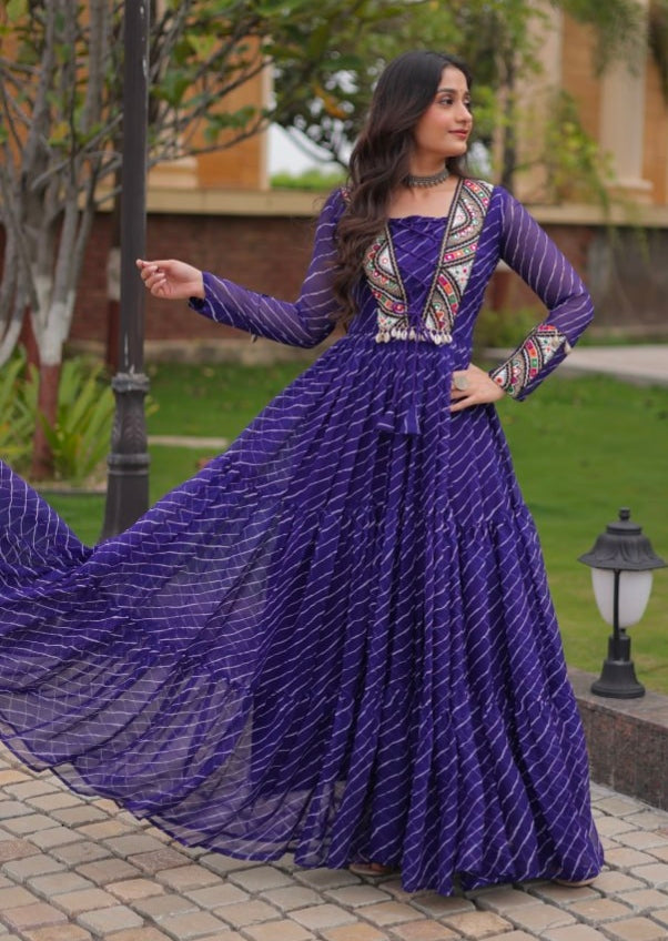 Blue Pure Georgette Lahariya Print with Kutchi Patchwork Anarkali Long Gown