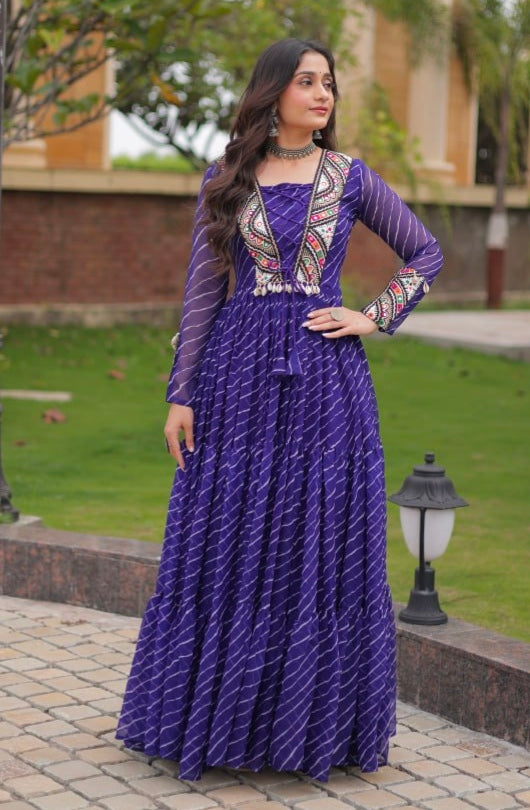 Blue Pure Georgette Lahariya Print with Kutchi Patchwork Anarkali Long Gown