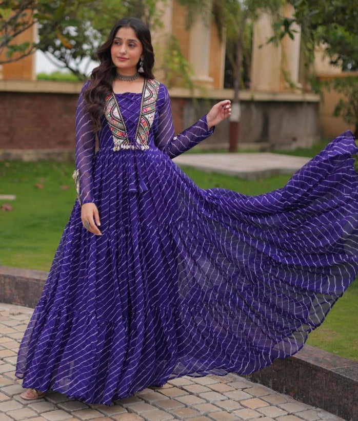 Blue Pure Georgette Lahariya Print with Kutchi Patchwork Anarkali Long Gown