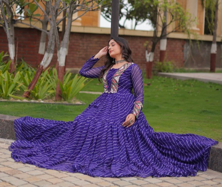 Blue Pure Georgette Lahariya Print with Kutchi Patchwork Anarkali Long Gown