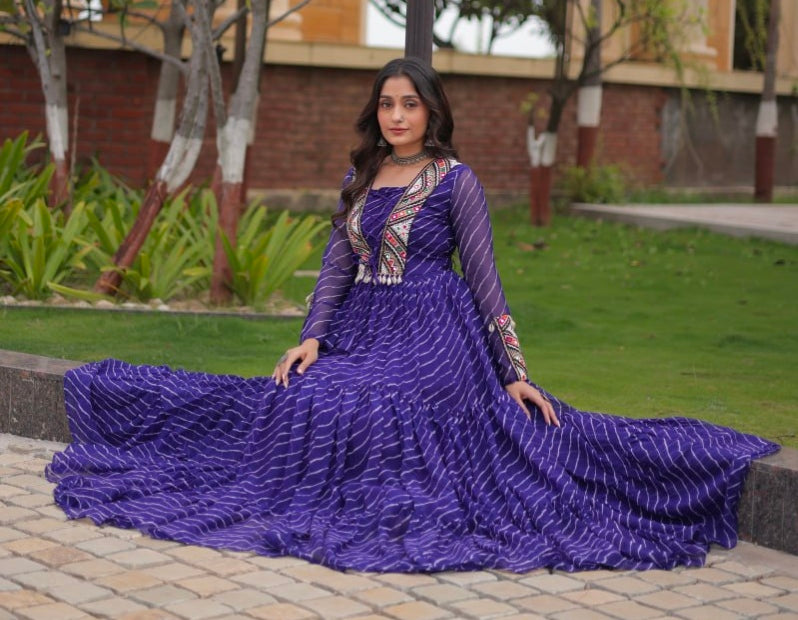 Blue Pure Georgette Lahariya Print with Kutchi Patchwork Anarkali Long Gown