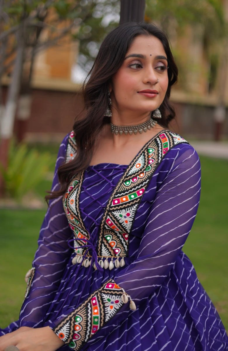 Blue Pure Georgette Lahariya Print with Kutchi Patchwork Anarkali Long Gown