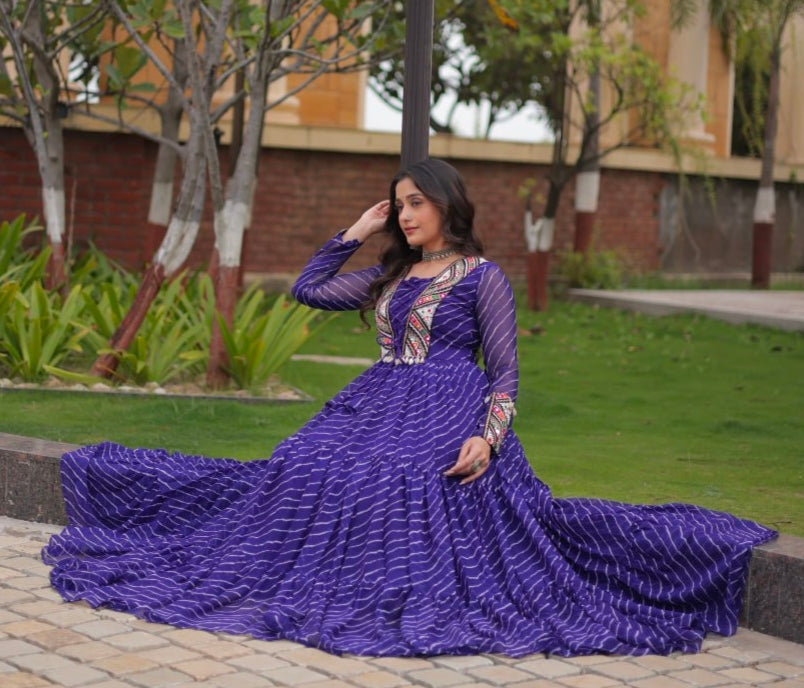 Blue Pure Georgette Lahariya Print with Kutchi Patchwork Anarkali Long Gown