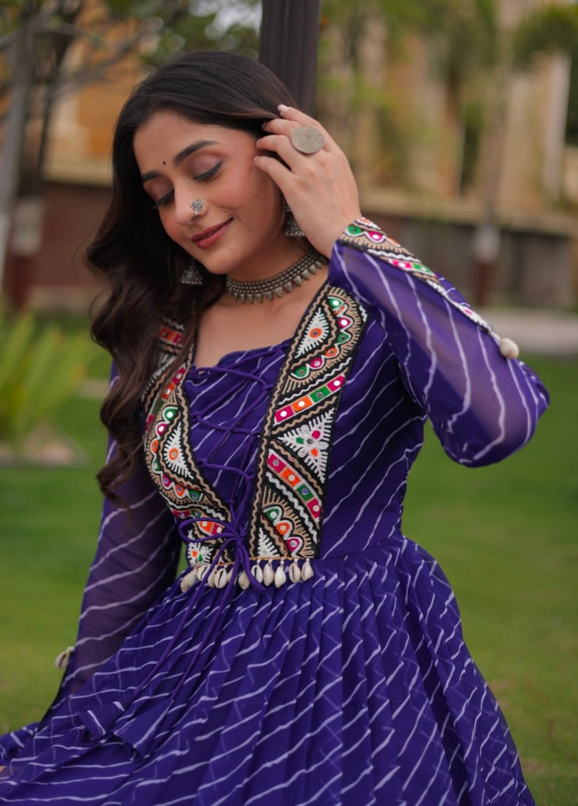 Blue Pure Georgette Lahariya Print with Kutchi Patchwork Anarkali Long Gown