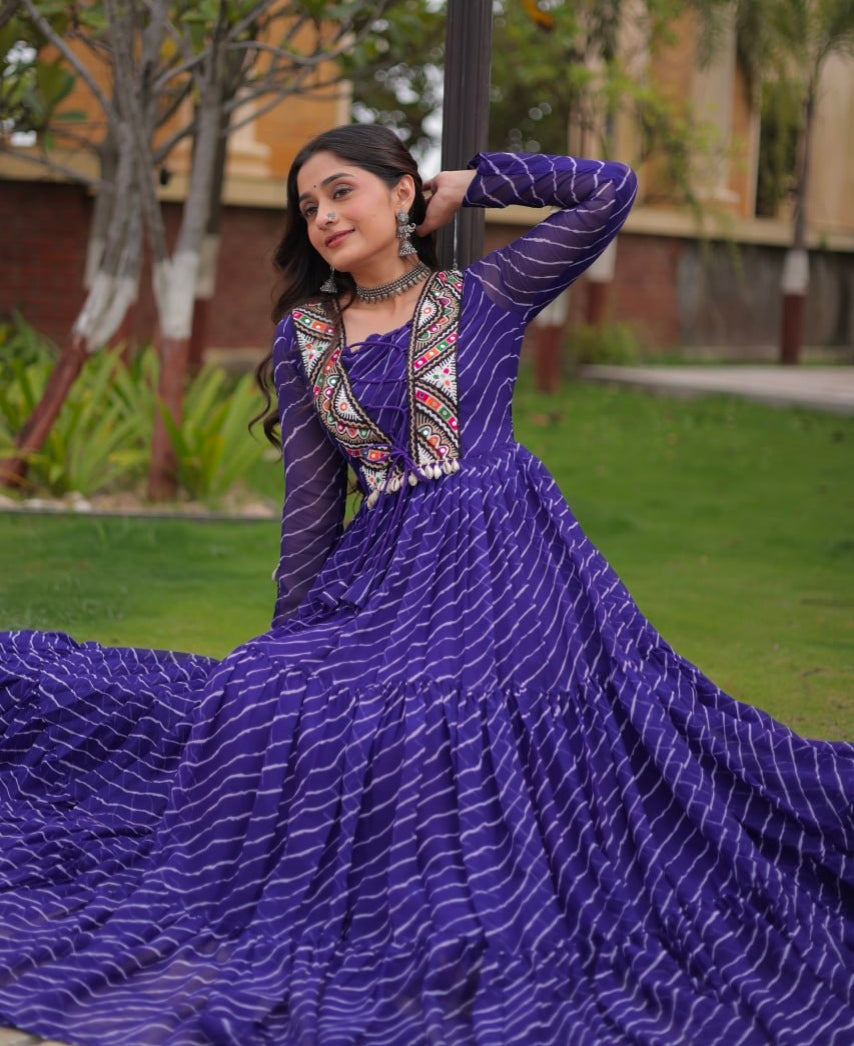 Blue Pure Georgette Lahariya Print with Kutchi Patchwork Anarkali Long Gown