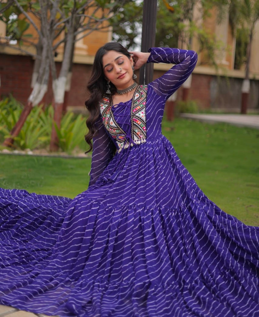 Blue Pure Georgette Lahariya Print with Kutchi Patchwork Anarkali Long Gown