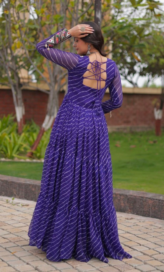 Blue Pure Georgette Lahariya Print with Kutchi Patchwork Anarkali Long Gown