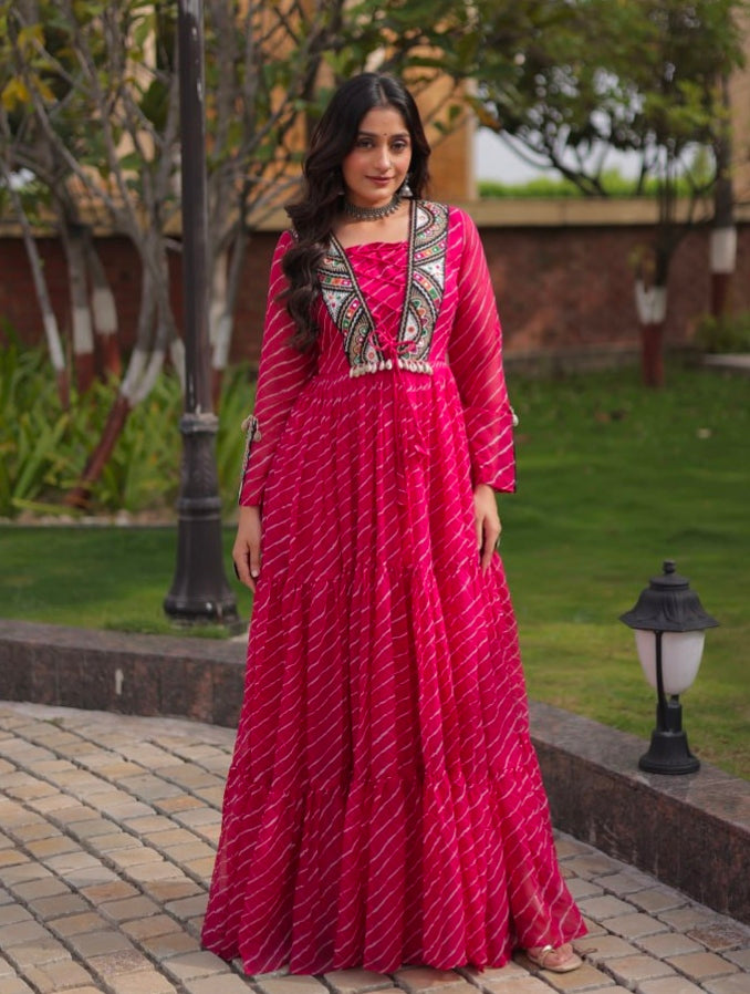 Pink Pure Georgette Lahariya Print with Kutchi Patchwork Anarkali Long Gown