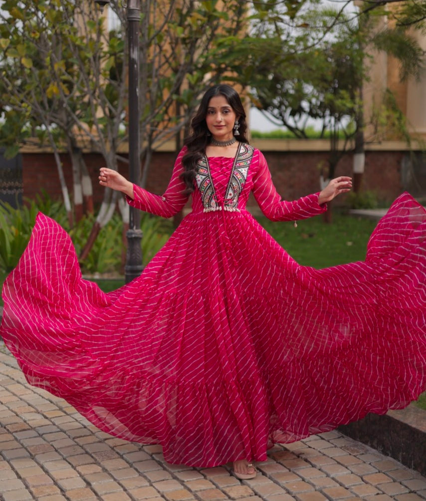 Pink Pure Georgette Lahariya Print with Kutchi Patchwork Anarkali Long Gown