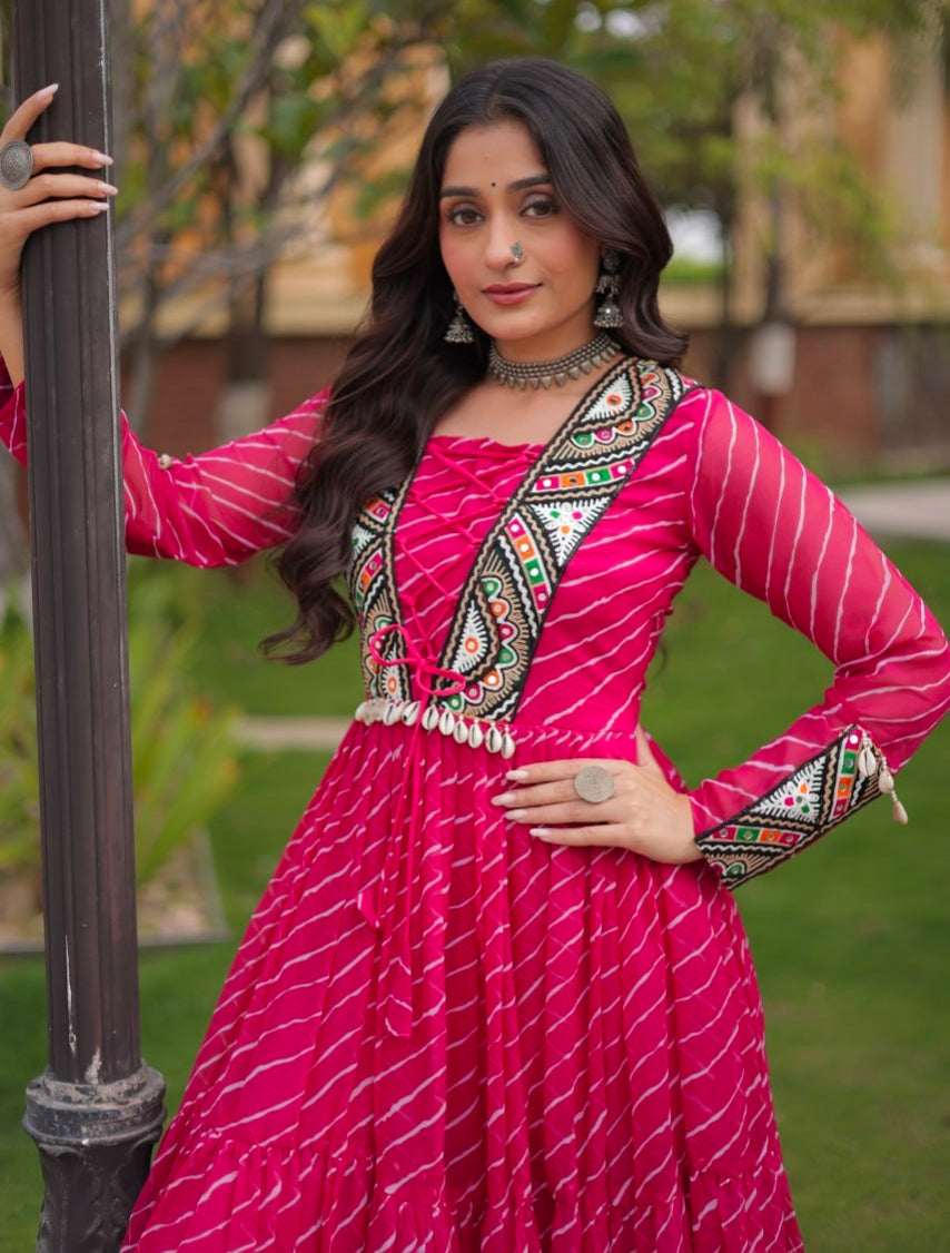 Pink Pure Georgette Lahariya Print with Kutchi Patchwork Anarkali Long Gown