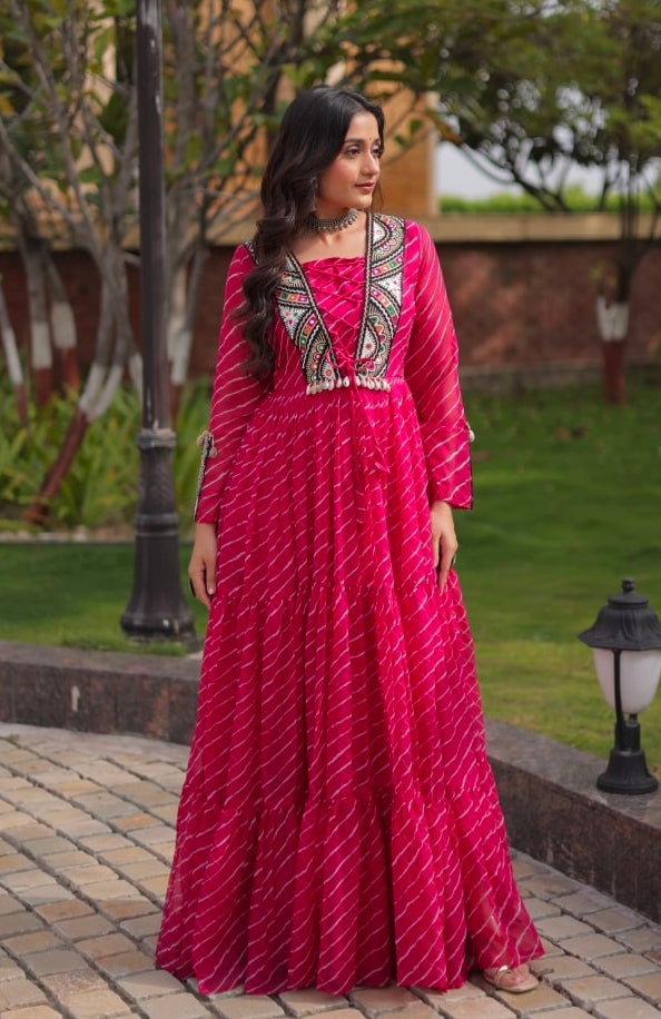 Pink Pure Georgette Lahariya Print with Kutchi Patchwork Anarkali Long Gown