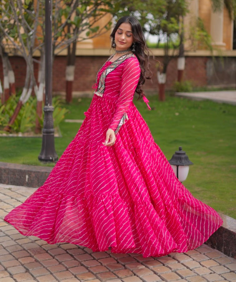Pink Pure Georgette Lahariya Print with Kutchi Patchwork Anarkali Long Gown