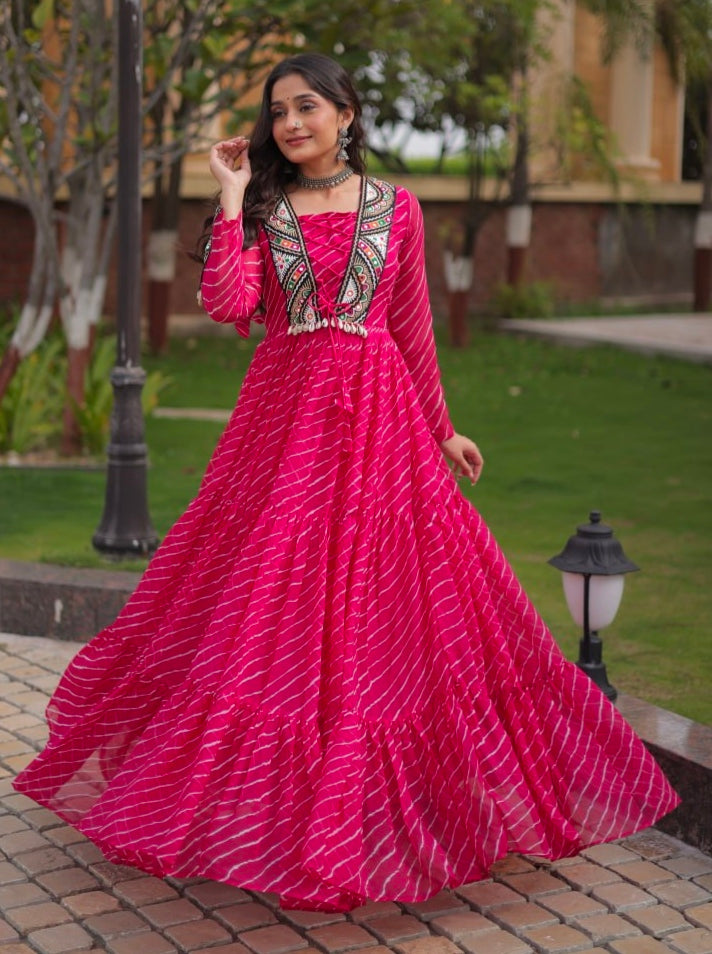 Pink Pure Georgette Lahariya Print with Kutchi Patchwork Anarkali Long Gown