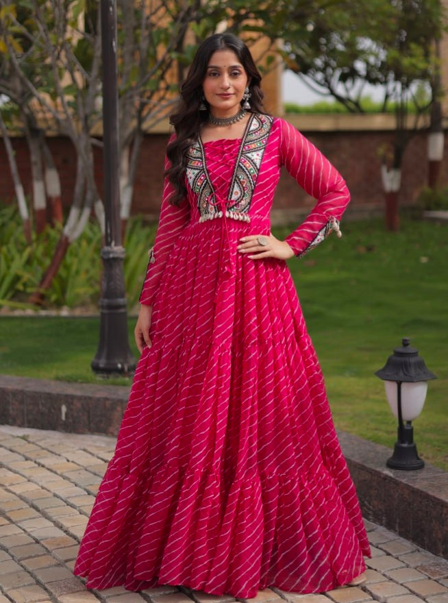 Pink Pure Georgette Lahariya Print with Kutchi Patchwork Anarkali Long Gown