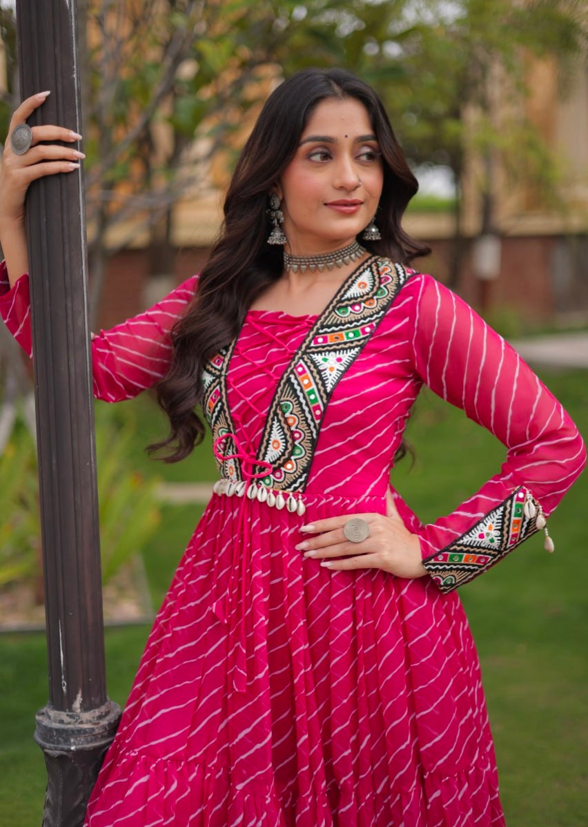 Pink Pure Georgette Lahariya Print with Kutchi Patchwork Anarkali Long Gown