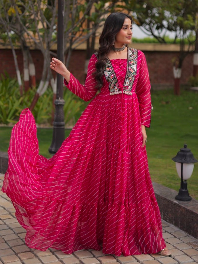 Pink Pure Georgette Lahariya Print with Kutchi Patchwork Anarkali Long Gown