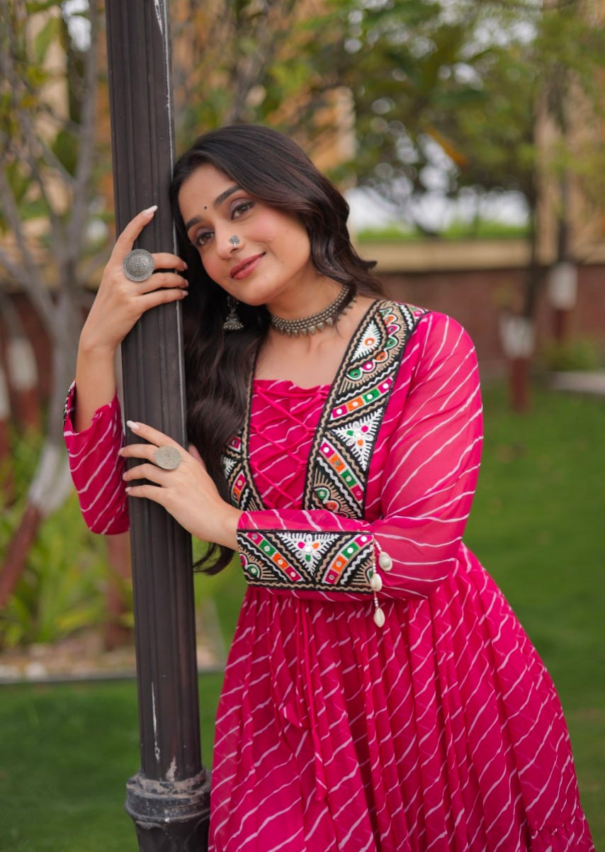 Pink Pure Georgette Lahariya Print with Kutchi Patchwork Anarkali Long Gown