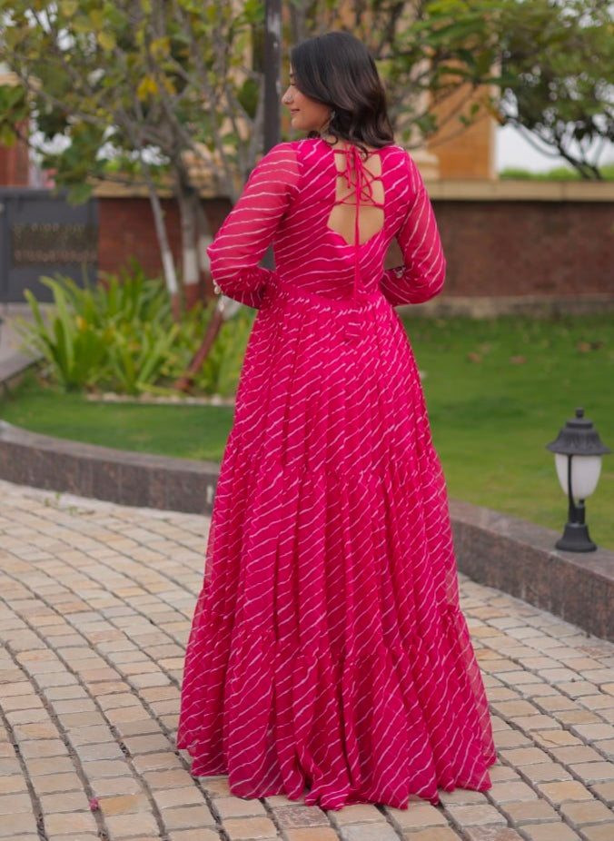 Pink Pure Georgette Lahariya Print with Kutchi Patchwork Anarkali Long Gown