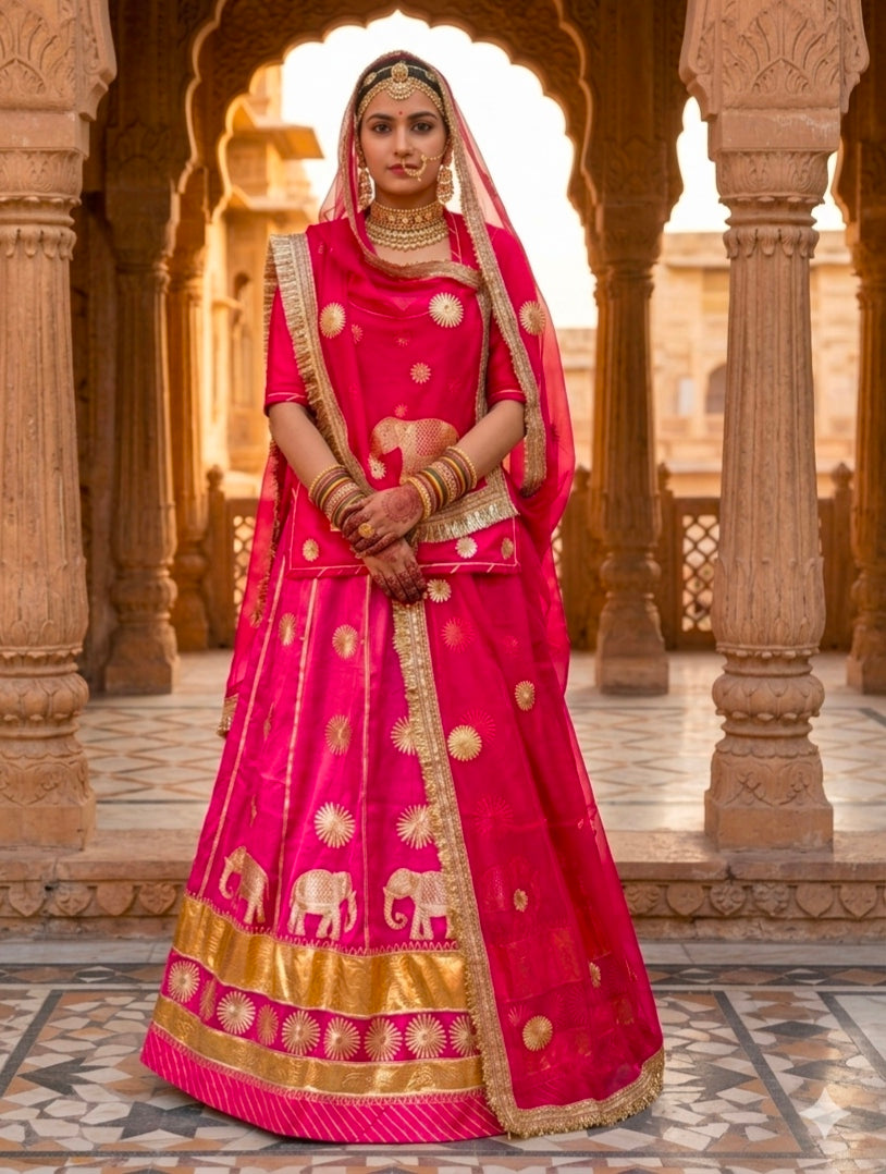 Pink Pure Gold Crush 05 Mtr Flair Lehariya Chunni Rajasthani Rajputi Lehenga Choli