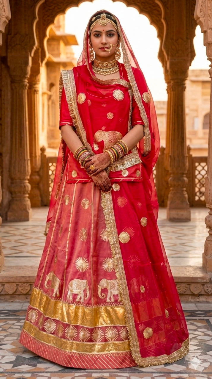 Rust Pure Gold Crush 05 Mtr Flair Lehariya Chunni Rajasthani Rajputi Lehenga Choli