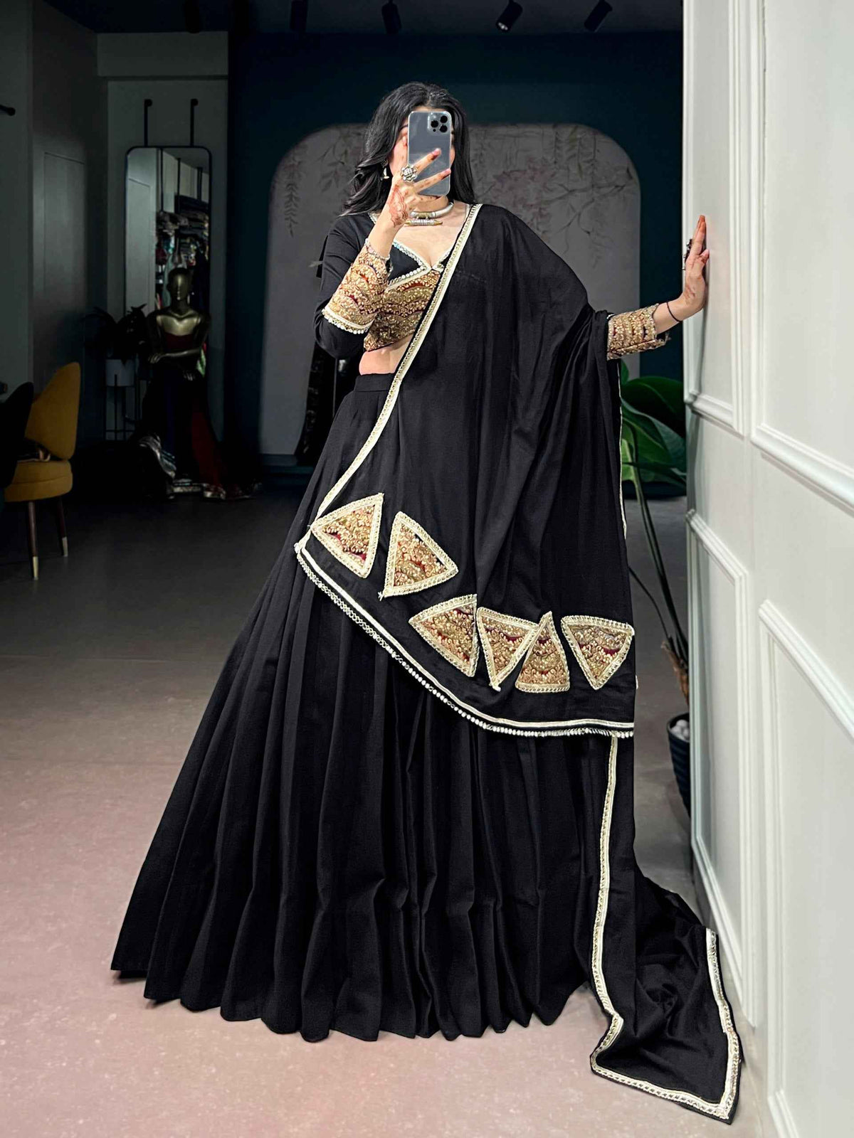 Black Pure Cotton Silk Gotta Patch Gamthi Work Navratri Lehenga Choli