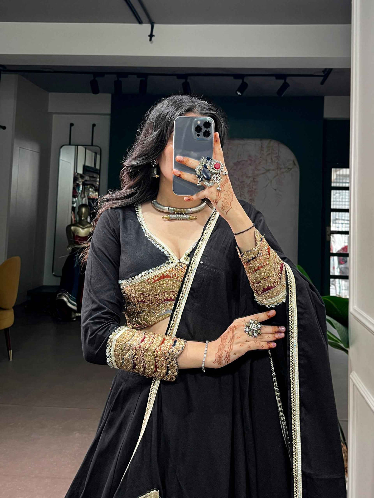 Black Pure Cotton Silk Gotta Patch Gamthi Work Navratri Lehenga Choli