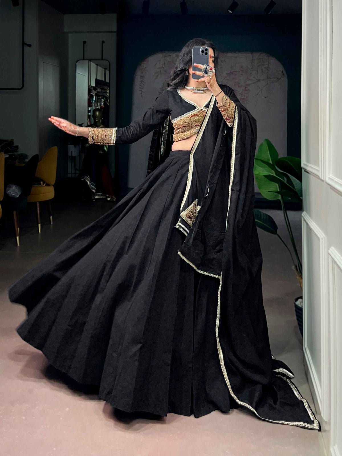 Black Pure Cotton Silk Gotta Patch Gamthi Work Navratri Lehenga Choli