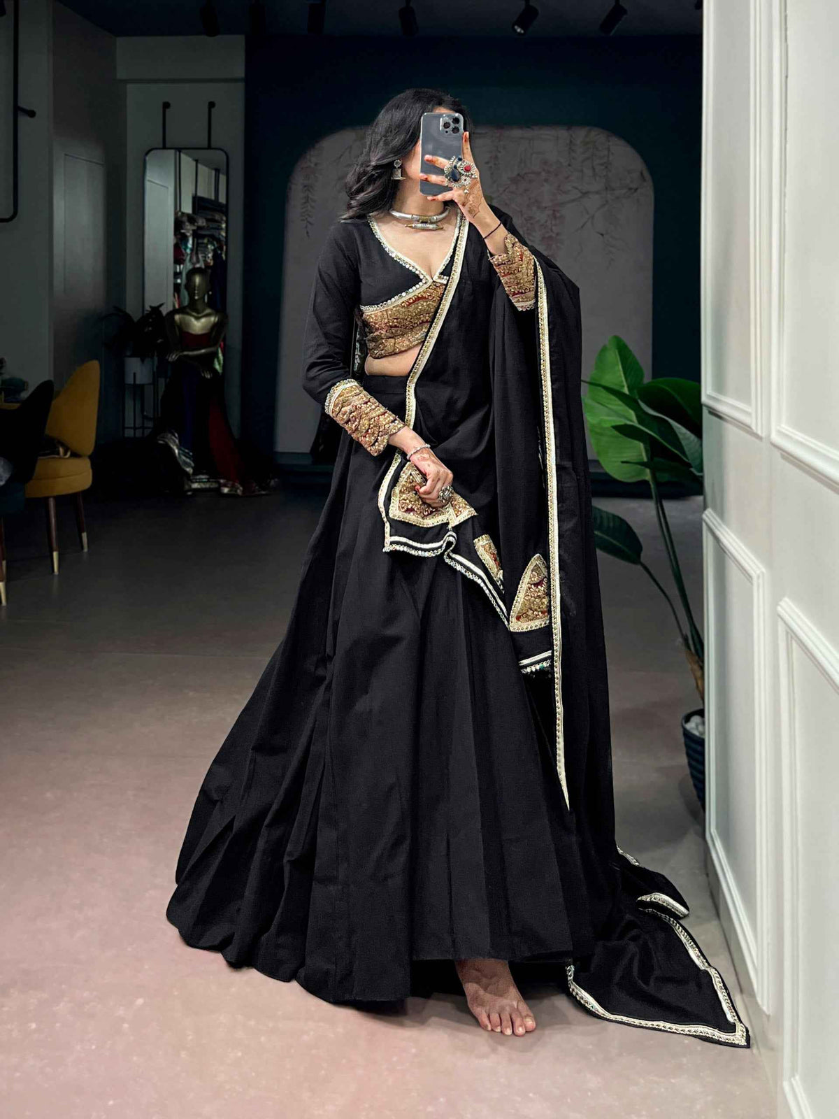 Black Pure Cotton Silk Gotta Patch Gamthi Work Navratri Lehenga Choli