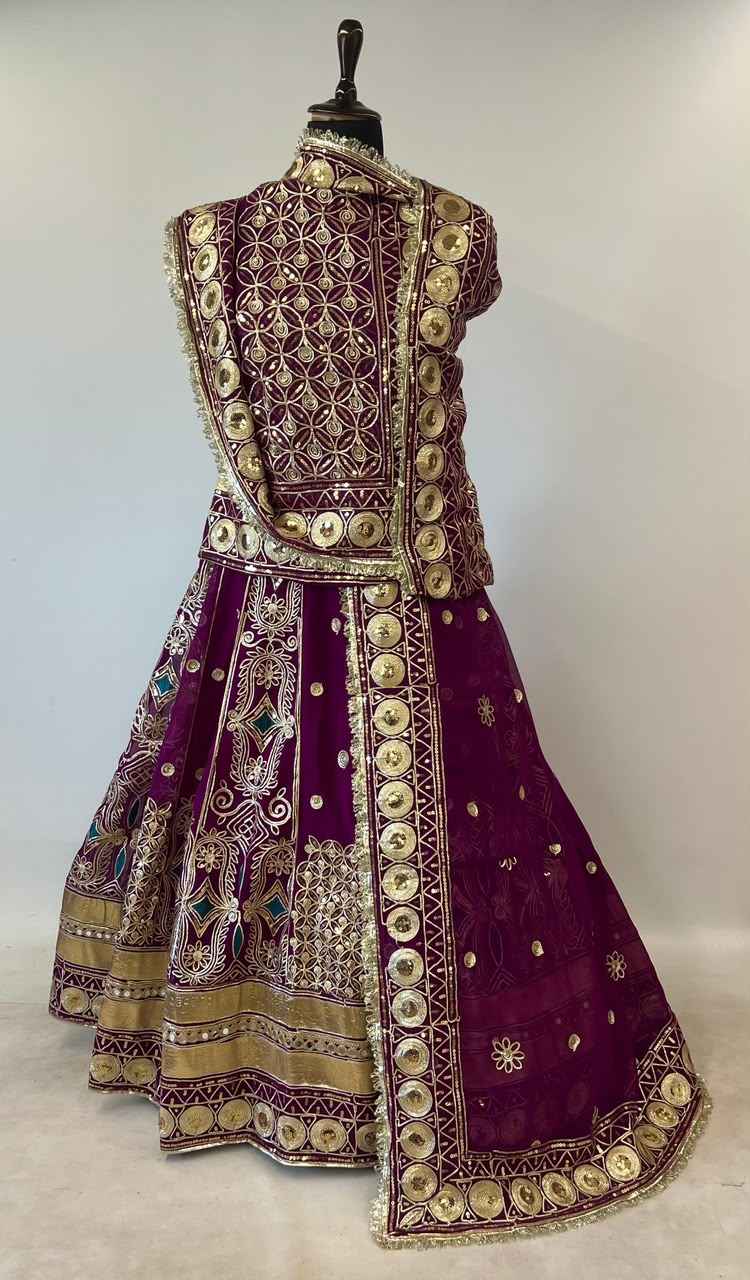 Wine Pure Georgette 08 Mtr Flair Gotta Patti Work Rajasthani Rajwadi Rajputi Lehenga Choli