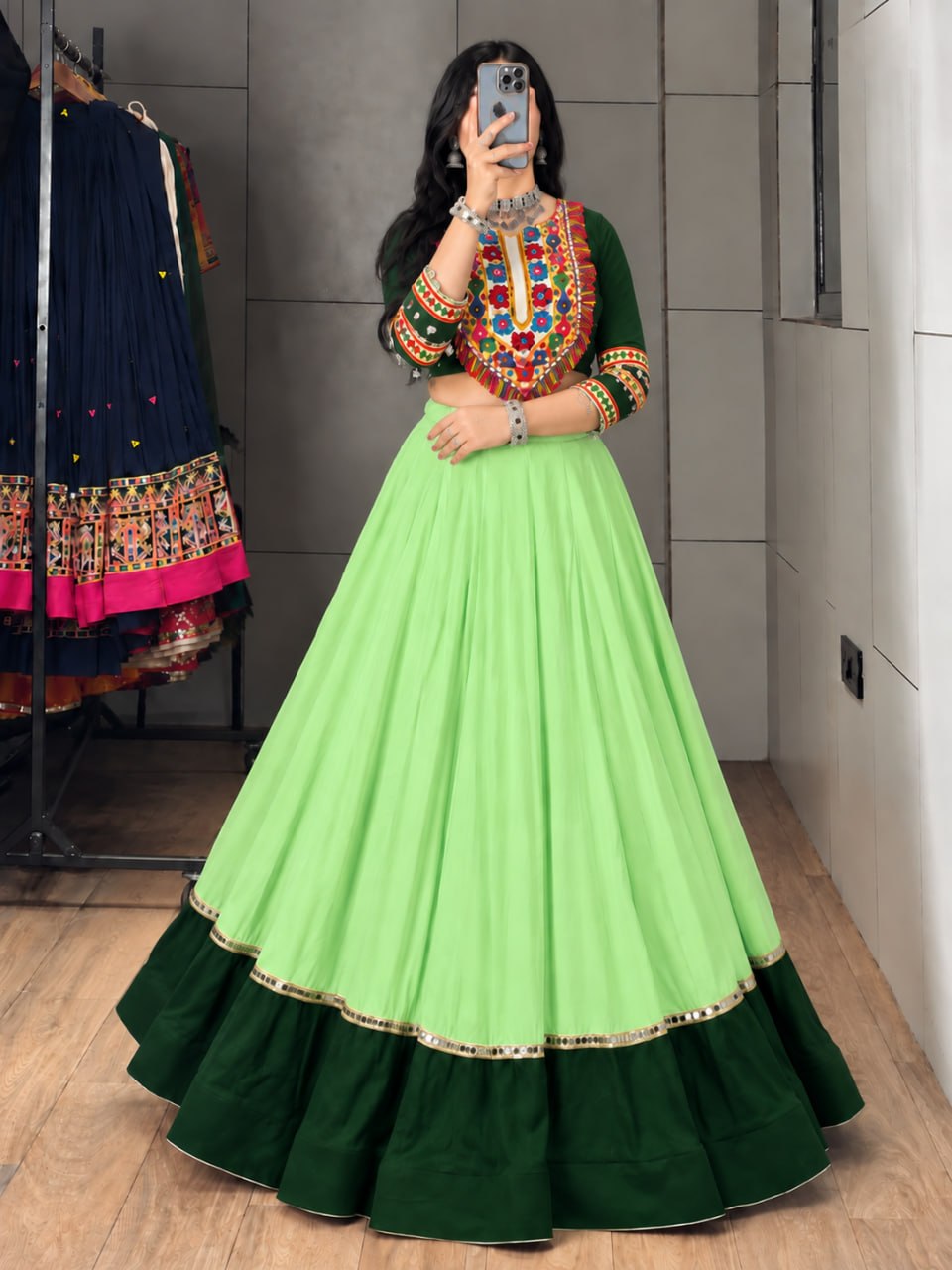 Parrot Pure Rayon Cotton Golden "Kalash" Patch Work Navratri Lehenga Choli
