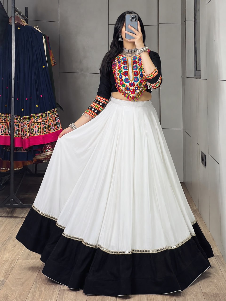White Pure Rayon Cotton Golden "Kalash" Patch Work Navratri Lehenga Choli