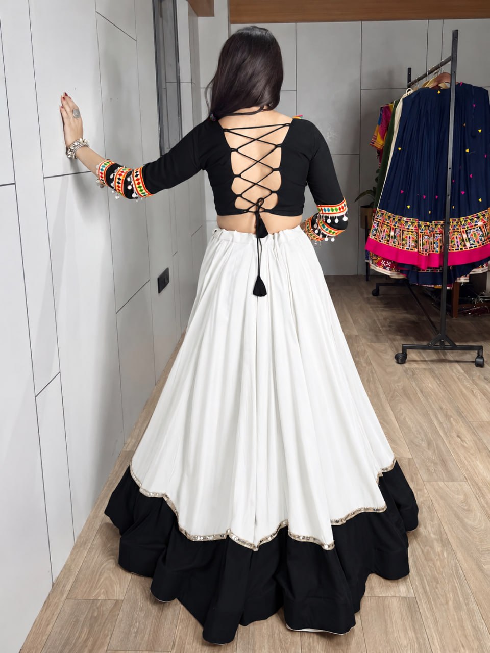White Pure Rayon Cotton Golden "Kalash" Patch Work Navratri Lehenga Choli