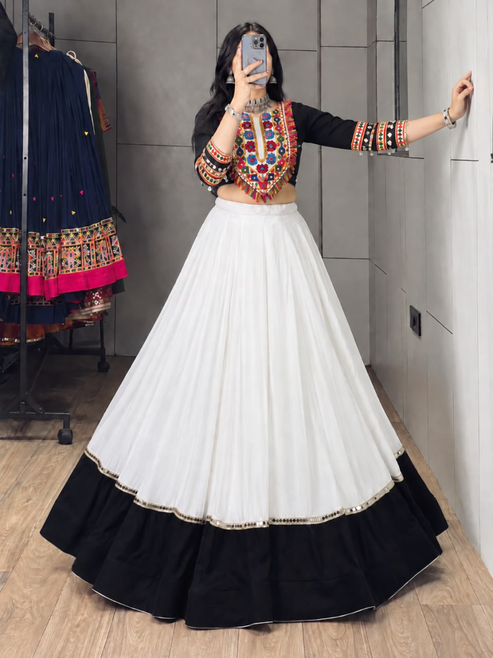 White Pure Rayon Cotton Golden "Kalash" Patch Work Navratri Lehenga Choli