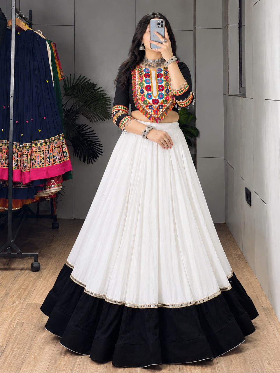 White Pure Rayon Cotton Golden "Kalash" Patch Work Navratri Lehenga Choli