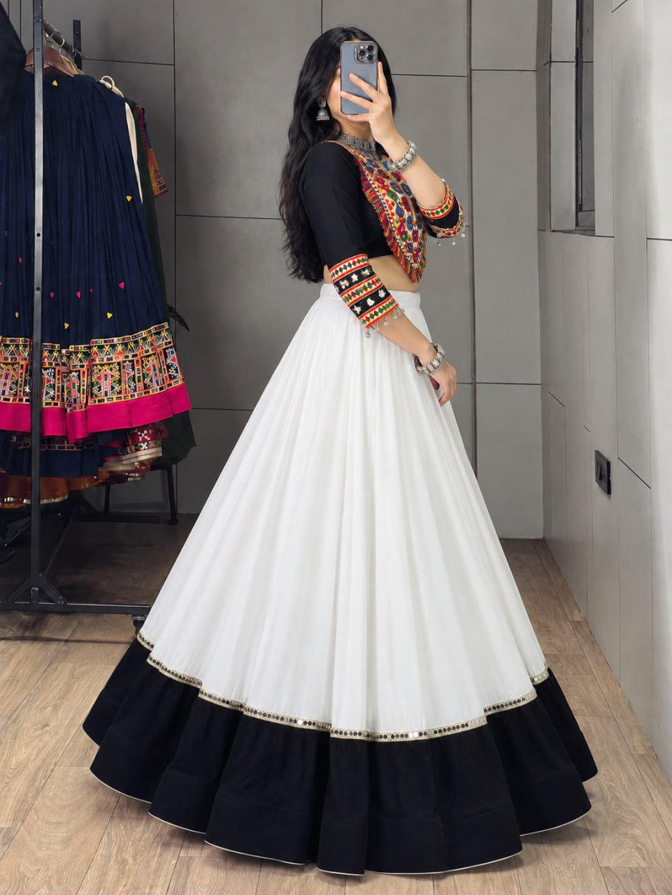 White Pure Rayon Cotton Golden "Kalash" Patch Work Navratri Lehenga Choli
