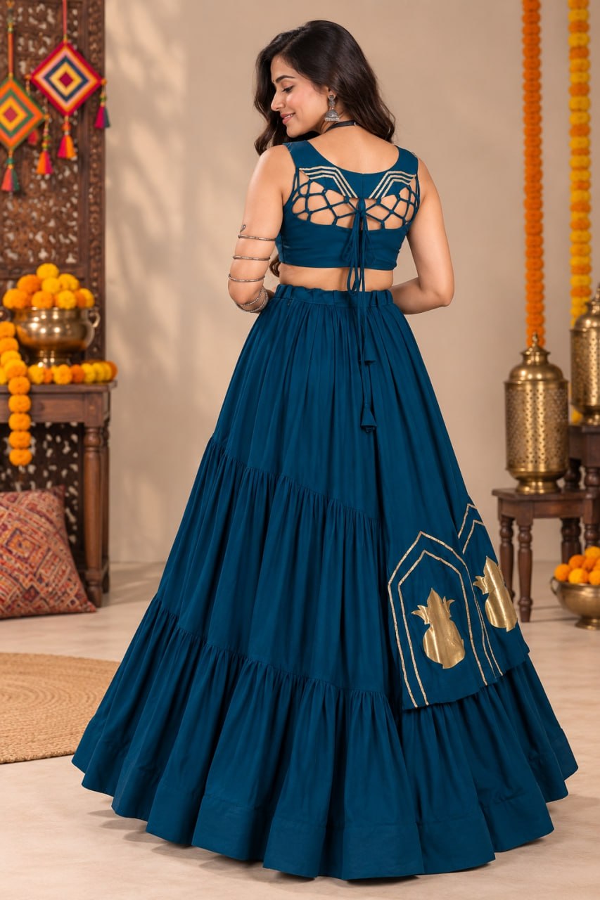 Teal Blue Pure Rayon Cotton Golden "Chitra" Patch Work Navratri Lehenga Choli