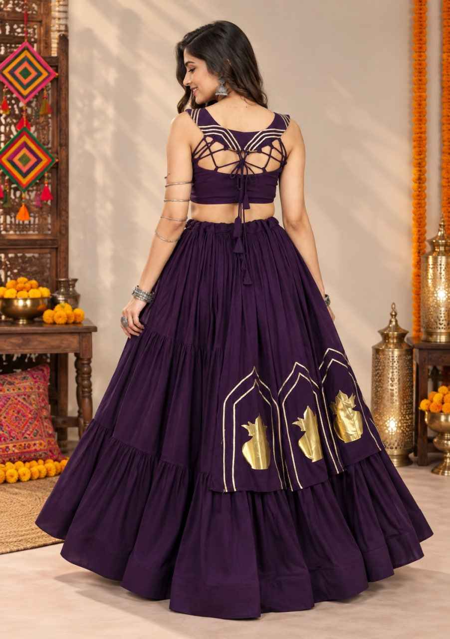 Royal Purple Pure Rayon Cotton Golden "Chitra" Patch Work Navratri Lehenga Choli