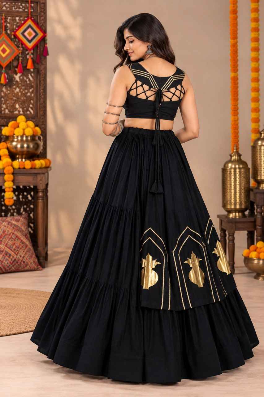 Black Pure Rayon Cotton Golden "Chitra" Patch Work Navratri Lehenga Choli