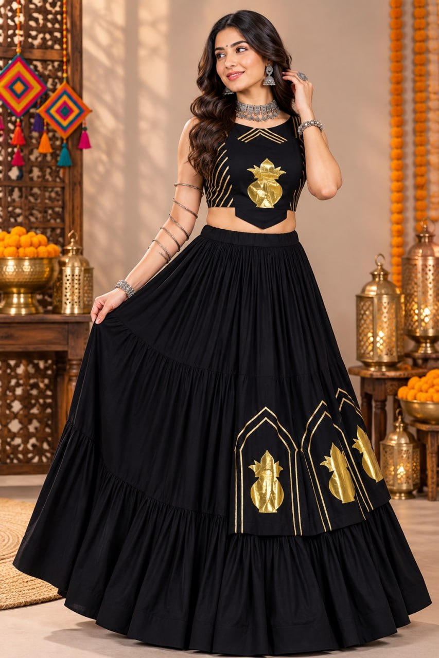 Black Pure Rayon Cotton Golden "Chitra" Patch Work Navratri Lehenga Choli