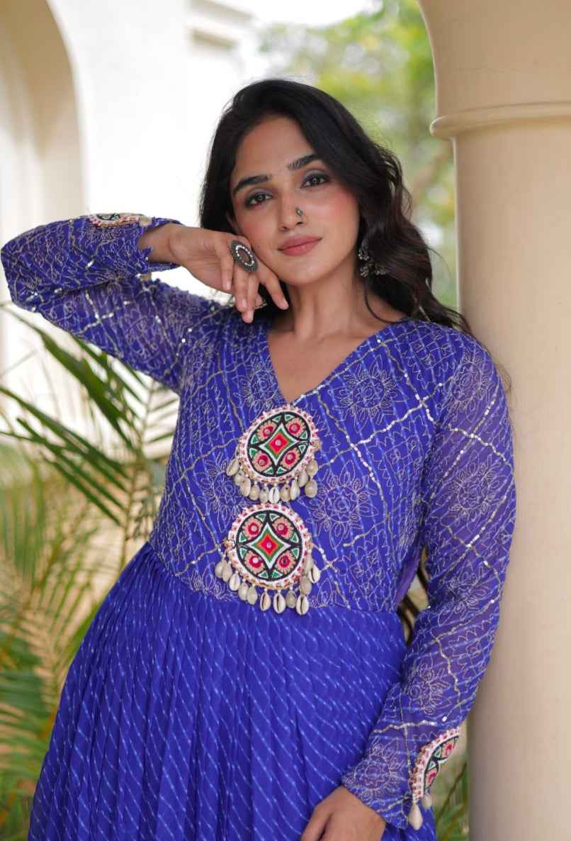 Blue Pure Faux Georgette Lahariya Print with Kutchi Patchwork Navratri Gown