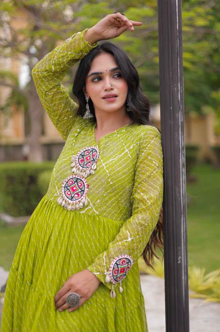 Parrot Pure Faux Georgette Lahariya Print with Kutchi Patchwork Navratri Gown