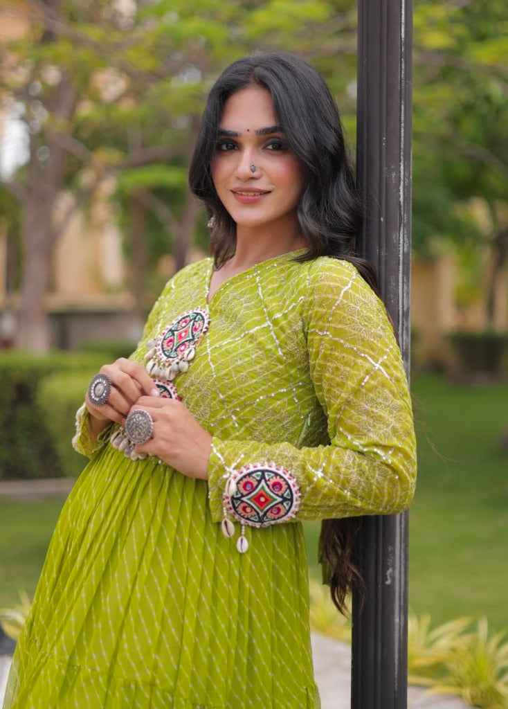 Parrot Pure Faux Georgette Lahariya Print with Kutchi Patchwork Navratri Gown
