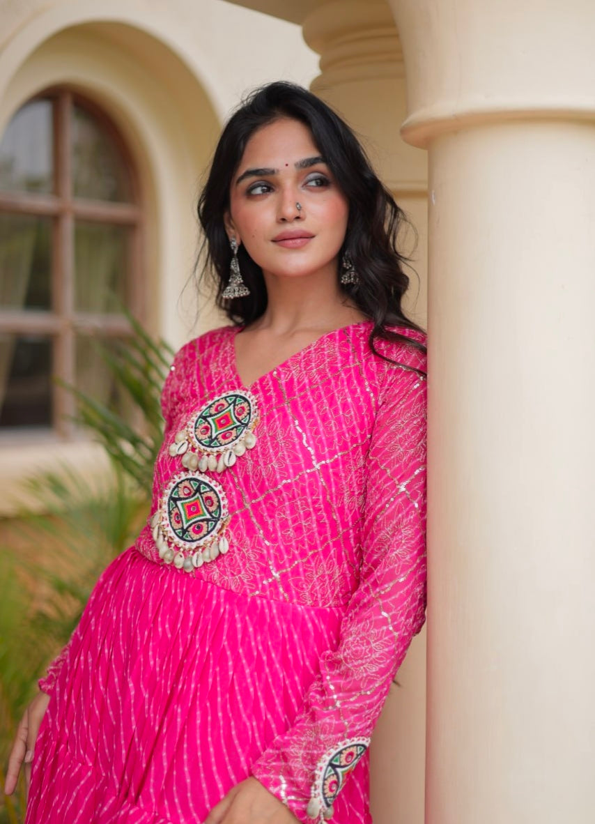 Pink Pure Faux Georgette Lahariya Print with Kutchi Patchwork Navratri Gown