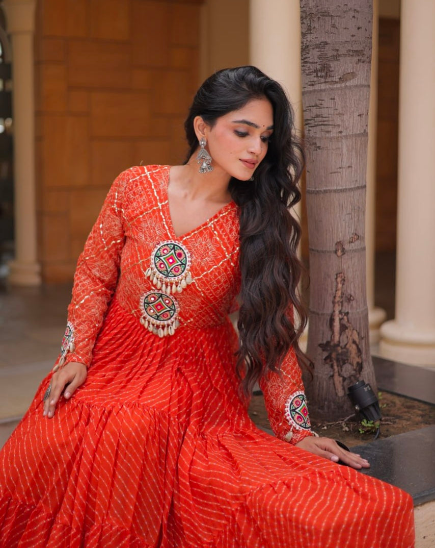 Pink Pure Faux Georgette Lahariya Print with Kutchi Patchwork Navratri Gown