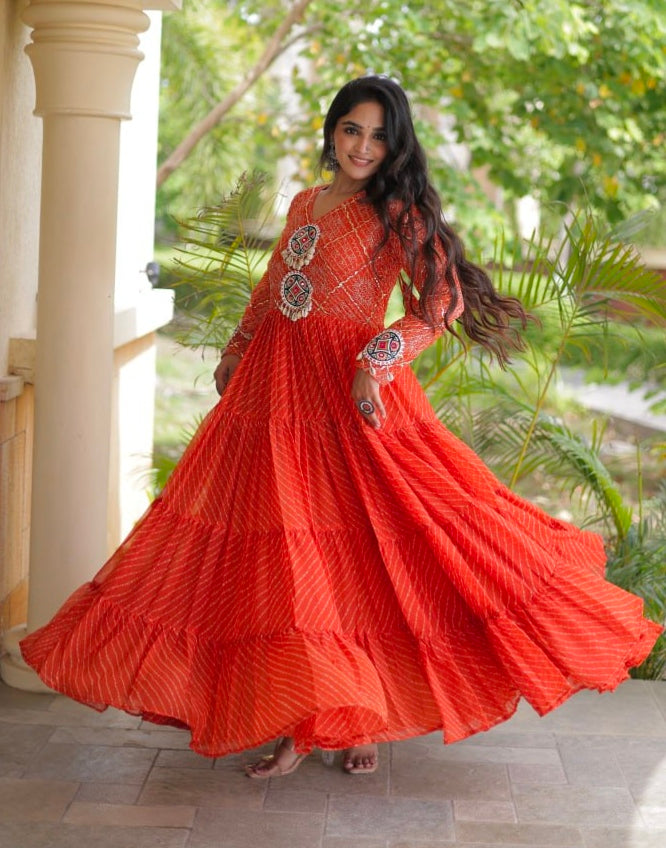 Pink Pure Faux Georgette Lahariya Print with Kutchi Patchwork Navratri Gown