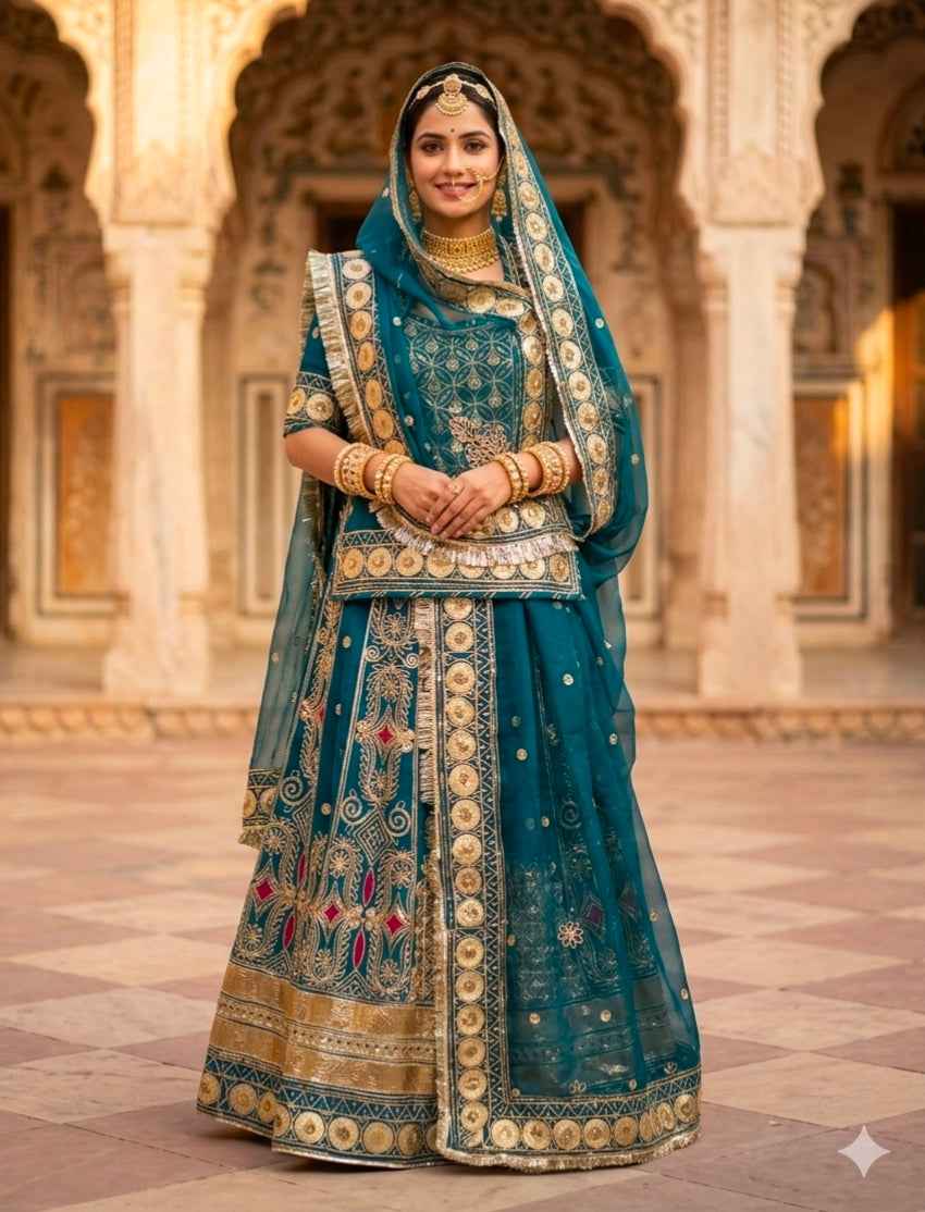 Teal Blue Pure Georgette 08 Mtr Flair Gotta Patti Work Rajasthani Rajwadi Rajputi Lehenga Choli