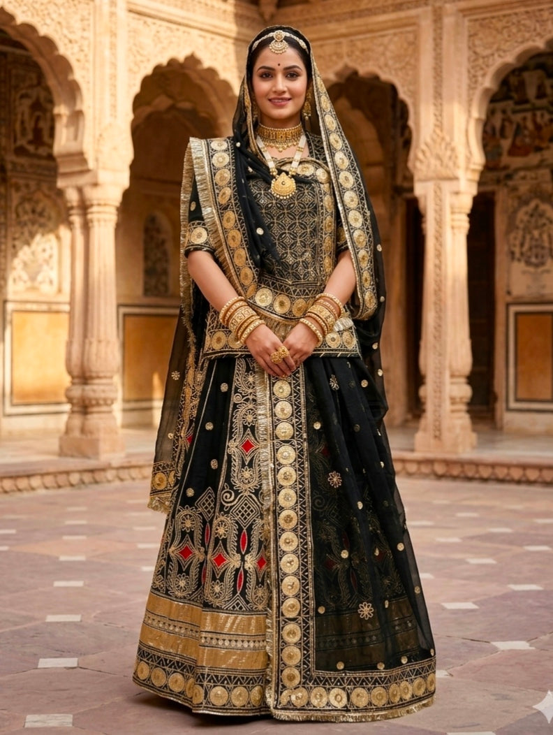 Black Pure Georgette 08 Mtr Flair Gotta Patti Work Rajasthani Rajwadi Rajputi Lehenga Choli